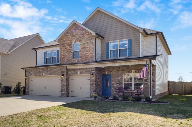 view of front facade with a front yard, fence, a porch, concrete driveway, and a garage