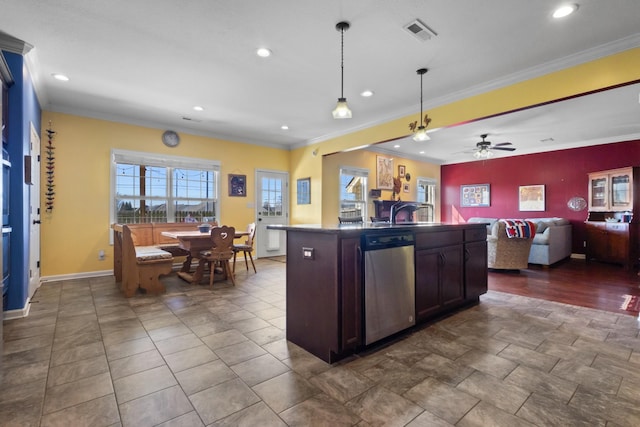 kitchen with visible vents, ornamental molding, hanging light fixtures, dishwasher, and open floor plan