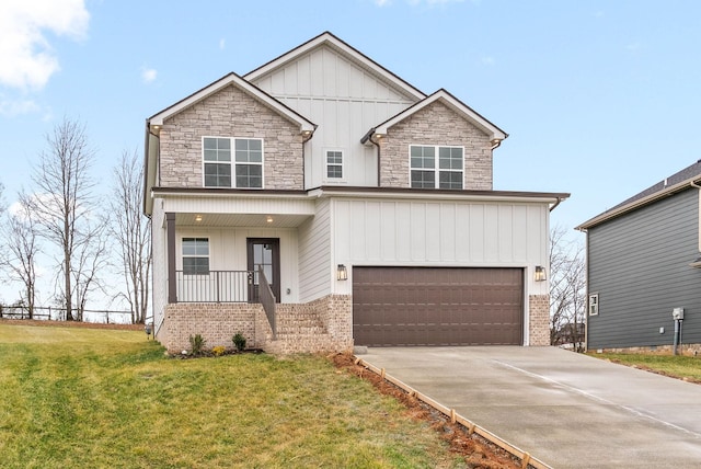 view of front of house with a front lawn, covered porch, board and batten siding, concrete driveway, and a garage