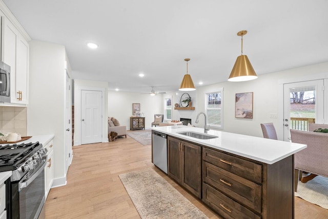 kitchen with light wood-style flooring, a sink, dark brown cabinetry, appliances with stainless steel finishes, and open floor plan