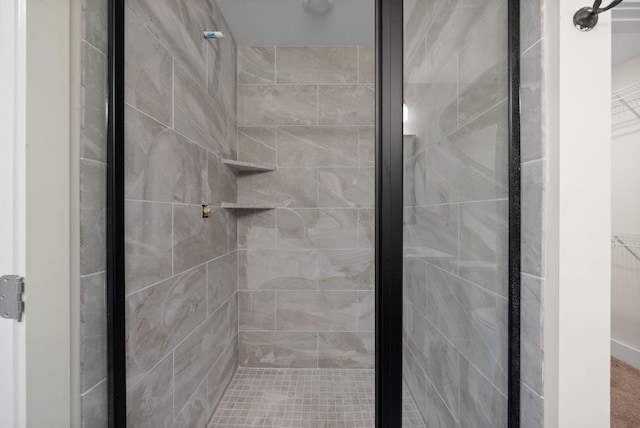 bathroom with a walk in closet and a stall shower