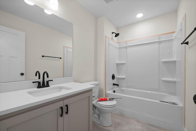 full bath featuring visible vents, toilet, marble finish floor, shower / washtub combination, and vanity