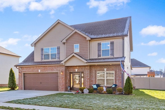 view of front of home featuring brick siding, concrete driveway, a garage, and fence