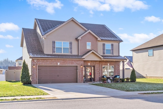 view of front facade with driveway, board and batten siding, a front yard, an attached garage, and brick siding