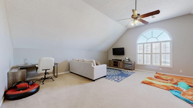 interior space featuring baseboards, lofted ceiling, a textured ceiling, and carpet floors