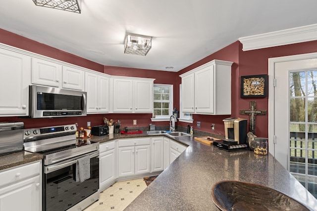 kitchen with dark countertops, a healthy amount of sunlight, stainless steel appliances, and a sink