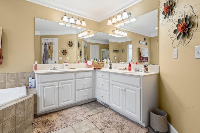 full bathroom featuring tile patterned flooring, double vanity, crown molding, and a sink