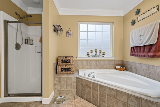 full bathroom with tile patterned flooring, a stall shower, crown molding, and a garden tub