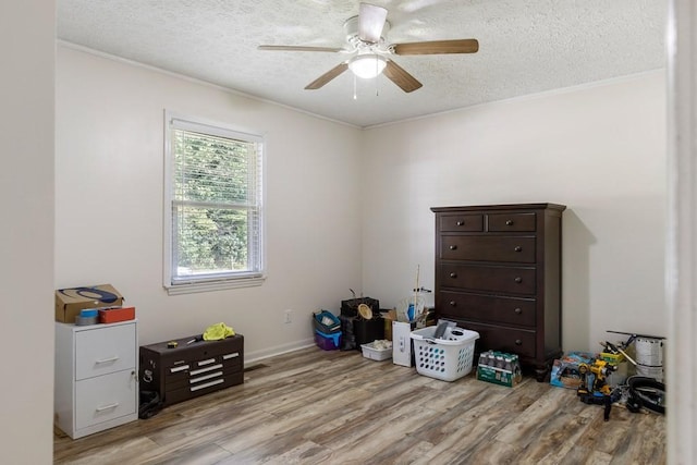 bedroom featuring ceiling fan, crown molding, light wood finished floors, and a textured ceiling