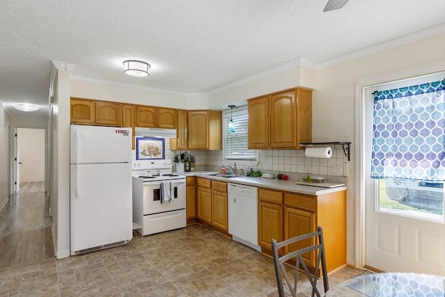 kitchen featuring under cabinet range hood, a sink, tasteful backsplash, white appliances, and light countertops