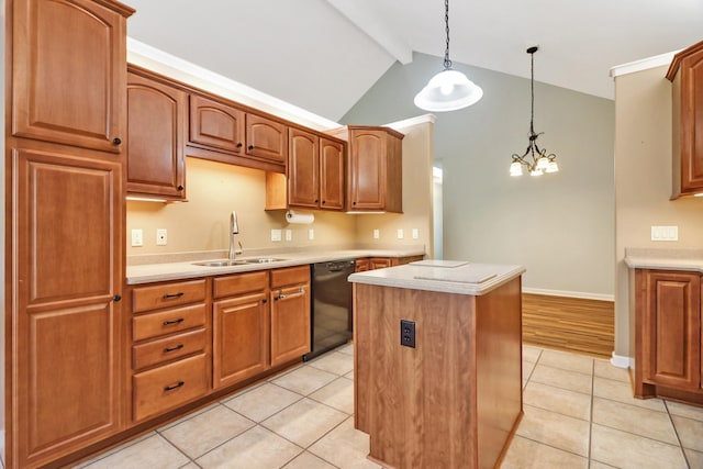 kitchen with light tile patterned flooring, a sink, light countertops, black dishwasher, and a center island