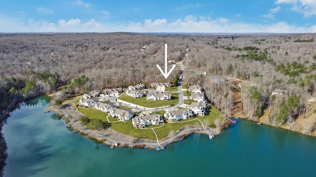 aerial view with a view of trees and a water view