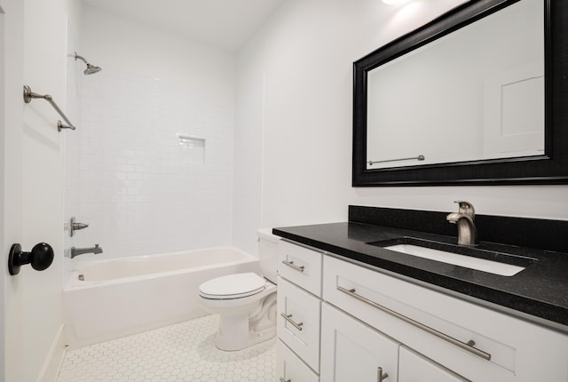 bathroom featuring vanity, shower / tub combination, toilet, and tile patterned floors