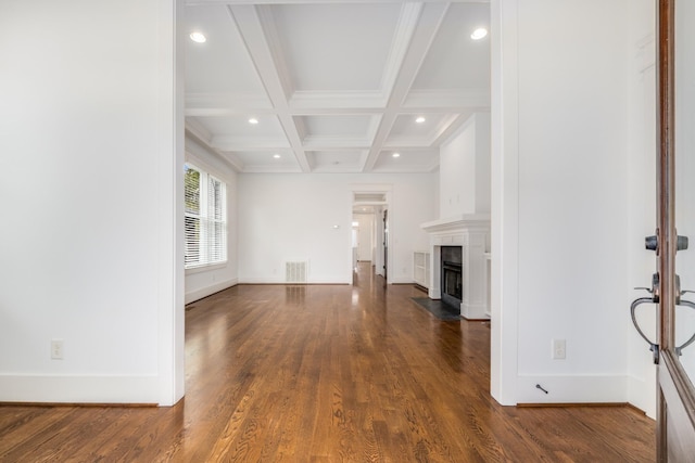 unfurnished living room with recessed lighting, visible vents, beam ceiling, and coffered ceiling