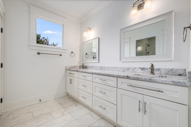 bathroom with crown molding, baseboards, walk in shower, marble finish floor, and a sink