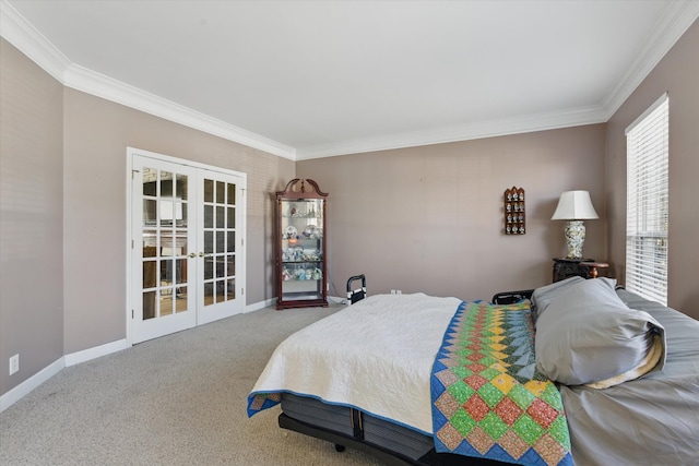 carpeted bedroom featuring french doors, baseboards, and ornamental molding