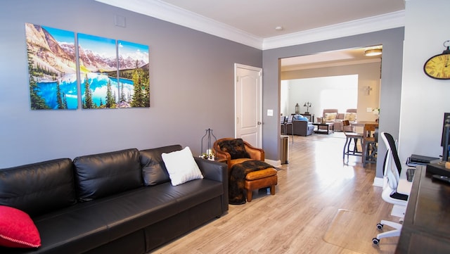 living room with baseboards, crown molding, and light wood-style floors