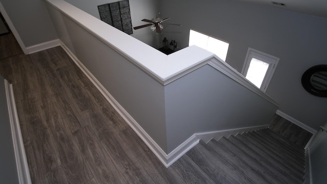 stairs with visible vents, baseboards, wood finished floors, and a ceiling fan