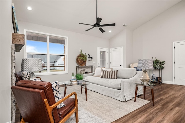 living room featuring recessed lighting, wood finished floors, visible vents, and ceiling fan