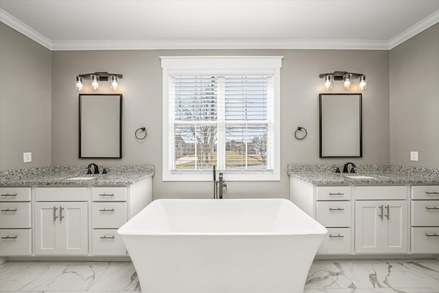 full bath featuring two vanities, plenty of natural light, and marble finish floor