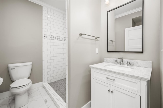 full bath with baseboards, toilet, ornamental molding, a tile shower, and marble finish floor