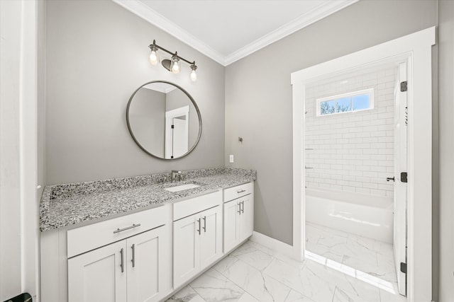 bathroom with crown molding, baseboards, shower / bathing tub combination, marble finish floor, and vanity