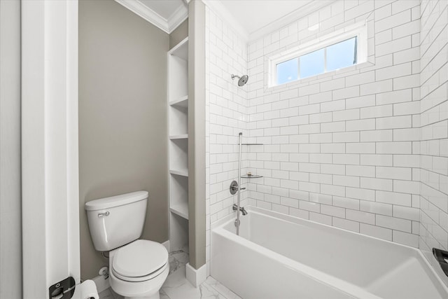 bathroom with baseboards, bathtub / shower combination, crown molding, toilet, and marble finish floor