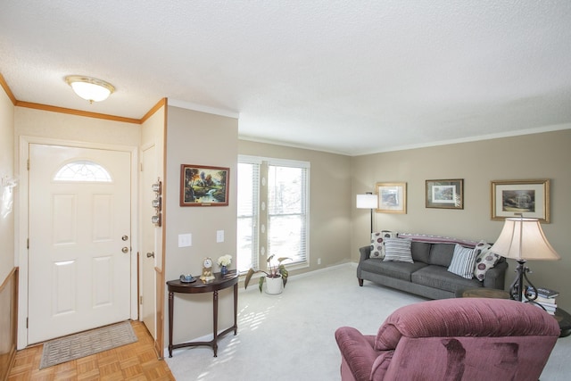 living area with crown molding, baseboards, and a textured ceiling