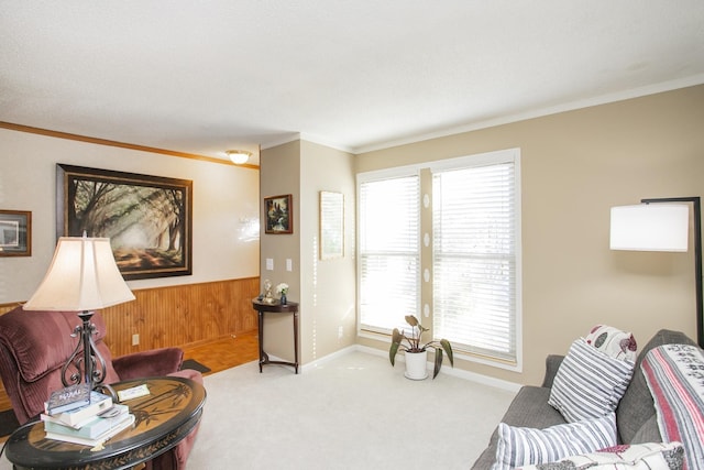 living room with wood walls, baseboards, carpet, and ornamental molding