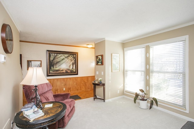 living area with wooden walls, crown molding, baseboards, and carpet floors