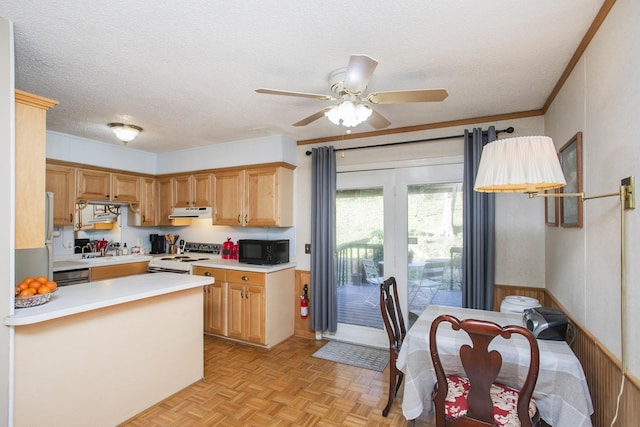 kitchen featuring under cabinet range hood, a textured ceiling, white electric stove, black microwave, and light countertops