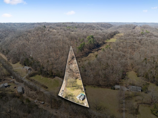 bird's eye view with a wooded view