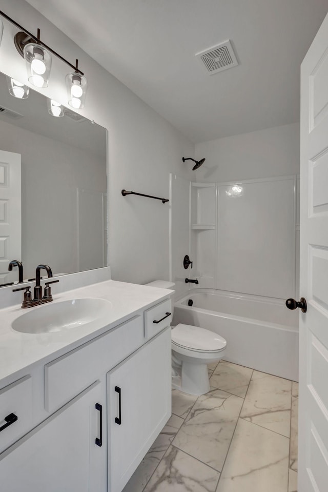 full bath featuring visible vents, marble finish floor, vanity, and shower / tub combination