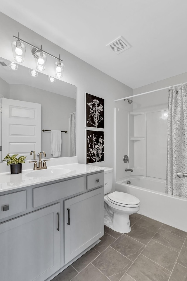 bathroom with visible vents, shower / bathtub combination with curtain, toilet, and vanity