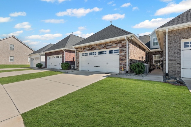 view of front of property with a front yard, an attached garage, a shingled roof, concrete driveway, and brick siding