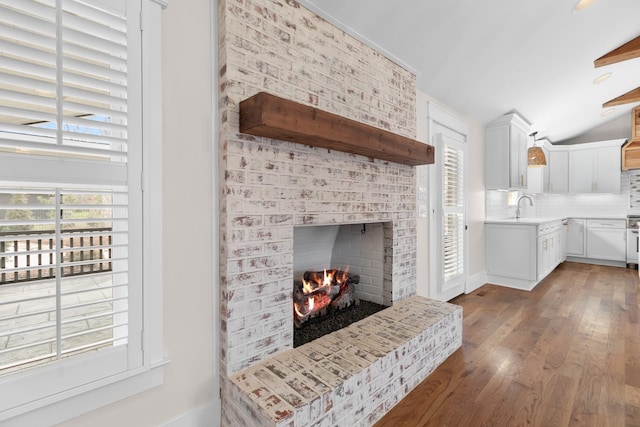 details featuring a brick fireplace, wood finished floors, backsplash, and a sink