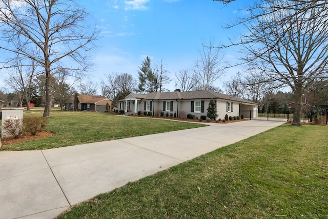 ranch-style home with driveway, a chimney, a front yard, and fence