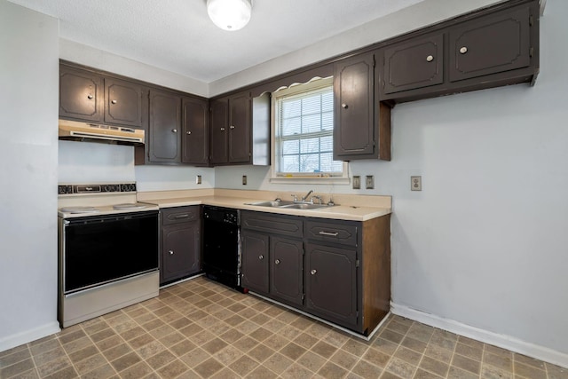 kitchen featuring under cabinet range hood, dark brown cabinetry, black dishwasher, electric range, and a sink