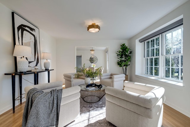 living area featuring baseboards, a healthy amount of sunlight, and light wood-style flooring