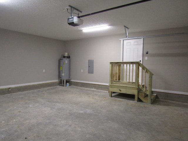 garage with electric panel, baseboards, a garage door opener, and water heater