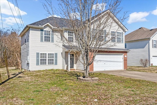 traditional-style house featuring concrete driveway, brick siding, a garage, and a front yard