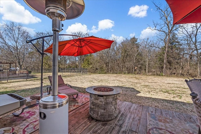 wooden deck with fence and an outdoor fire pit