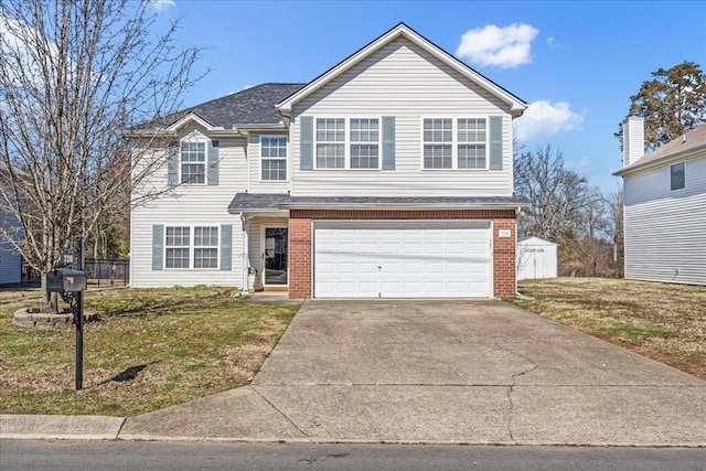 traditional-style home featuring driveway, brick siding, an attached garage, and a front yard