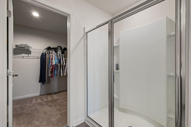 bathroom featuring a walk in closet and a shower stall