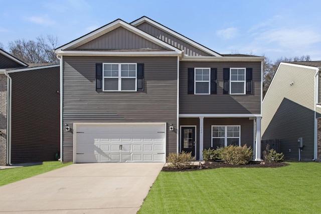 view of front of property featuring an attached garage, board and batten siding, concrete driveway, and a front yard