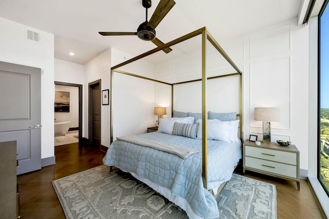 bedroom with a ceiling fan, recessed lighting, wood finished floors, and visible vents