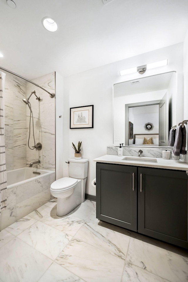 bathroom with vanity, shower / bathtub combination with curtain, recessed lighting, toilet, and marble finish floor