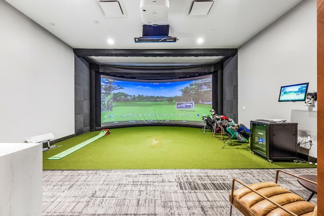 playroom with golf simulator and carpet flooring