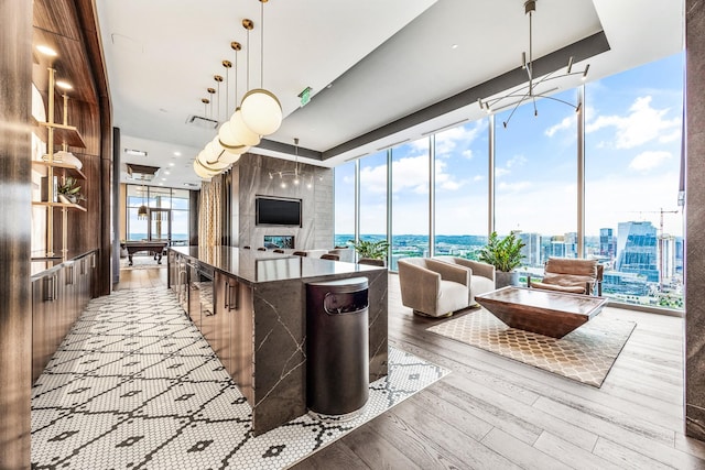 kitchen featuring open floor plan, plenty of natural light, a wall of windows, and wood finished floors