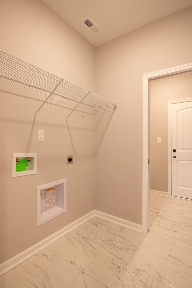 clothes washing area featuring visible vents, marble finish floor, baseboards, hookup for a washing machine, and laundry area